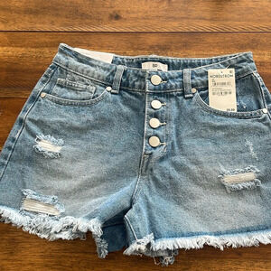 NWT BP Shorts Blue Denim High Rise Distressed Raw Fringe Hem Size 26 Button Fly